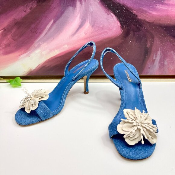 Larroude Hibiscus Slingback Flower Sandal in Denim Size 6 - Picture 6 of 12